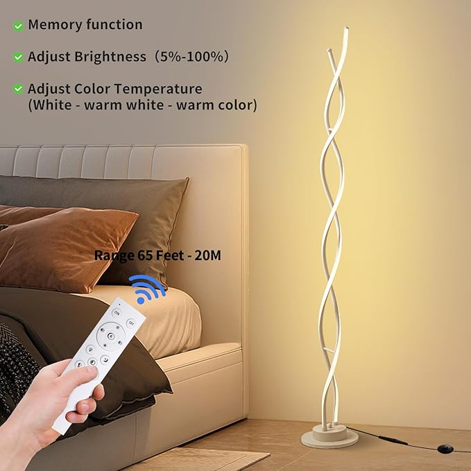 Floor Lamp, LED Modern Floor Lamps for Living Room, 2500LM-40W Lamp for Living Room 3Color Remote Dimmable Standing Lamp, 55" Spiral White Floor Lamp for Living Room Bedroom Office