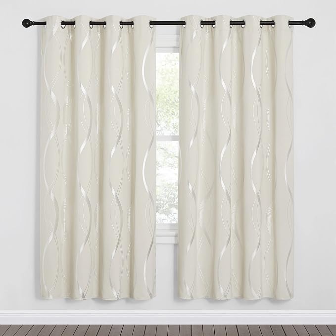 NICETOWN Blackout Curtains Panels for Bedroom - Microfiber Noise Reducing Thermal Insulated Wave Line Foil Print Design Blackout Curtains for Patio Sliding Glass Door (2 Panels, 52 x 72 Inch, Beige)
