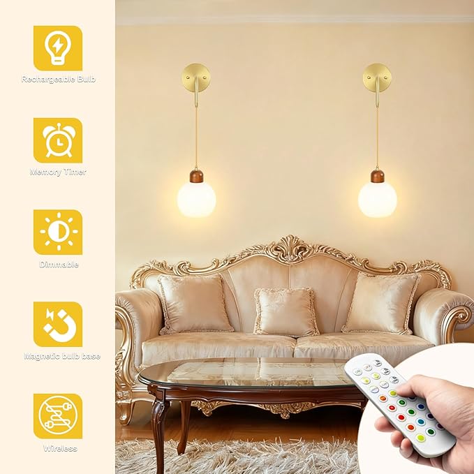 Battery Operated Wall Sconces Set of 2, Gold Rechargeable Wireless Wall Lights with Milky White Shade, 12 RGB and 3CCT Dimmable Wooden Wall Lamps with Remote for Bedroom Living Room Hallway