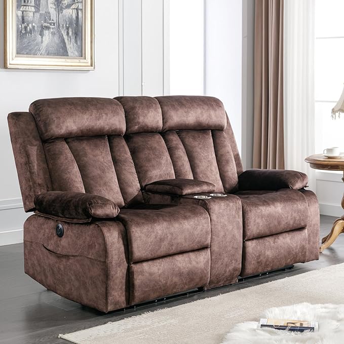 GUEAPY Power Reclining Loveseat with Heat & Massage,Love Seat Reclining Sofa with Console, Cup Holders, USB & Type-C Ports, Storge, 2 Seat Couches for Living Room, Apartment, RV or Office (Brown)