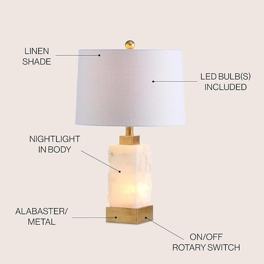 JONATHAN Y 23" Gold/White 2-Light Alabaster and Metal LED Table Lamp, Coastal Glam Modern Bedside Lamp with Nightlight Base and Linen Shade, LED Bulbs Included JYL6202A
