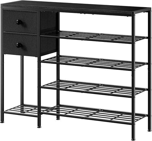 5-Tier Shoe Rack with 2 Fabric Drawers, Metal Frame and Wooden Board Shoe Organizer for 16-20 Pairs of Shoes, Shoe Shelf with Boots Storage for Entryway Closet Black