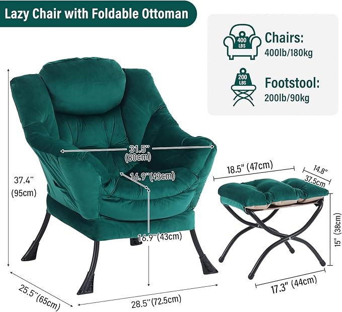 Lazy Chair with Ottoman, Modern Chair with Folding Footrest, Velvet Dark Green Accent Chair, Comfortable Reading Chair, Oversized Armchairs for Bedroom, Study, Living Room, Courtyard