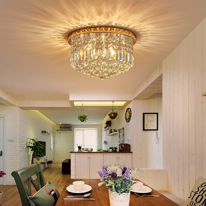 Saint Mossi 9 Light Modern K9 Crystal Chandelier Lighting, Flush Mount, Perfect for Dining Room, Bathroom, Bedroom, E12 Bulb Base; Height 11" x Diameter 20"; Lake Blue Crystal & Chrome Finish