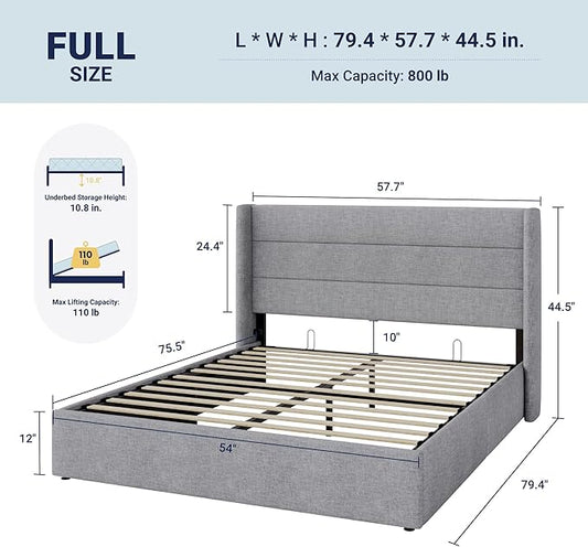 Allewie Full Size Lift Up Storage Bed, Modern Wingback Headboard, Hydraulic Support, No Box Spring Needed, Light Grey