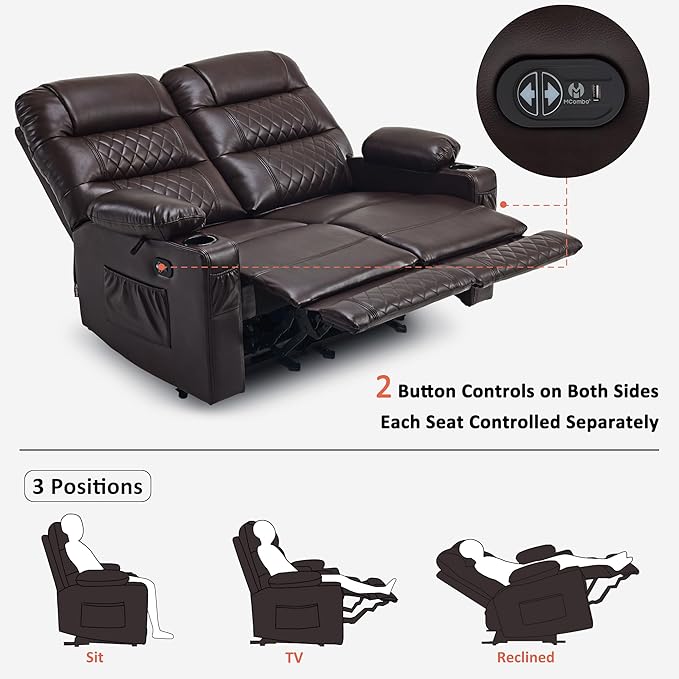 MCombo 56.3" Zero Gravity Power Loveseat Recliner with Heat and Vibration Massage, Reclining Loveseat Sofa with USB Ports, Cup Holders for Living Room, Faux Leather PR622Sets (Dark Brown)