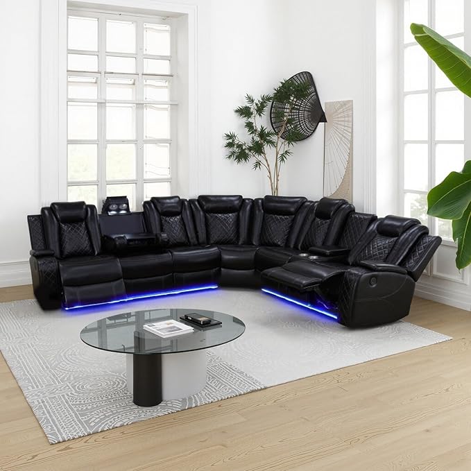 Power Recliner Sectional Sofa with LED Light, Breathing Leather Recliner Sofa Couch with Wireless Charger/Cup Holder for Living Room Home Office Theater (All Black)