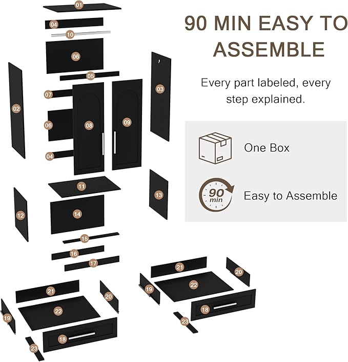 Wooden Armoire Wardrobe Closet with 2 Doors and 2 Drawers,Freestanding Armoire Storage Cabinet with Shelves,Tall Clothing Storage Cabinet Suitable for Bedroom,Black