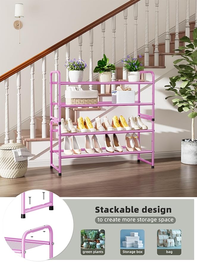 SUFAUY 2 Tier 33" Wide Shoe Rack Closet Metal Mesh, Stackable, Pink