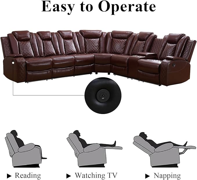 Power Reclining Sectional Sofa for Living Room – Brown Leather Sectional with Recliner, LED Lights, Storage Console & Cup Holders, Comfortable Family Couch