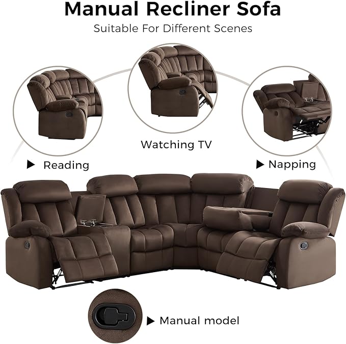 EBELLO Manual Reclining L-Shaped Sectional Sofa Set, Soft Fabric Corner Couch with Center Console, Cup Holders and Storage – Perfect Living Room Home Set Furniture(Sectional+Chair)