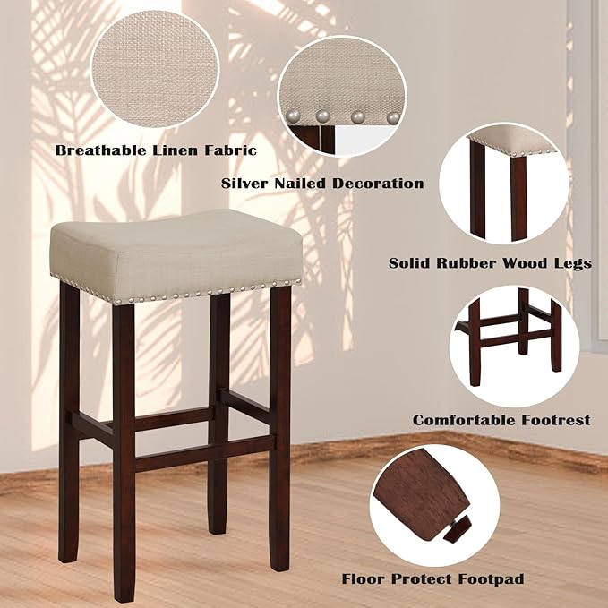 ERGOMASTER Bar Stools, 29 Inch Modern Saddle Stools, Rubber Wood, Khaki/Brown, Set of 2