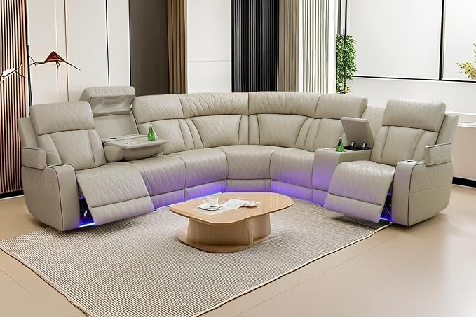 A Ainehome Living Room Furniture L Shaped Recliner Couch, Power Recliner Adjustable Sofa, Loveseat and Chair with Storage Console for Living Room/Office(C-Beige)