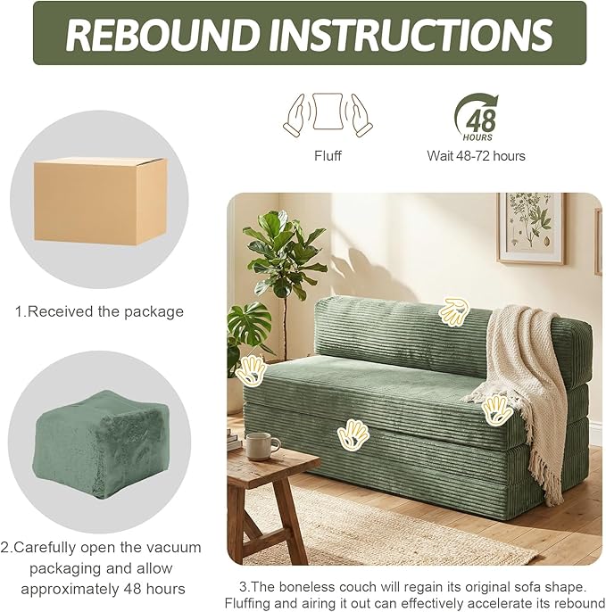 5-in-1 Convertible Sofa Bed, Boneless Loveseat Sleeper with Removable Cushions & Washable Cover, Futon Sofa Bed with Handle, Pull Out Couch for Small Spaces, King Size, Green
