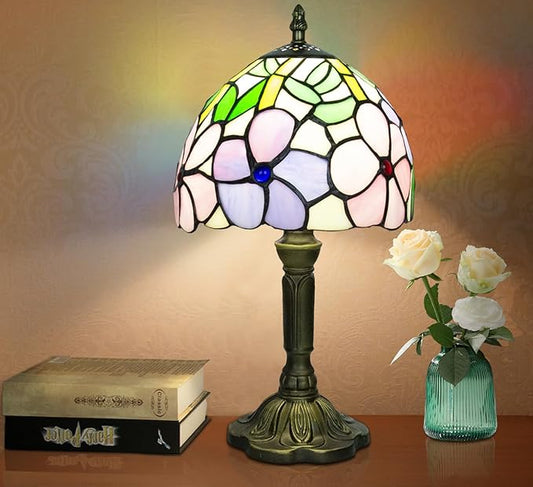 Crefotu Tiffany Style Table Lamp, 3 Color Temperatures Bedside Lamp, 8 Inch Stained Glass Desk Light for Home Office Bedroom Living Room (4 Flower Pattern)