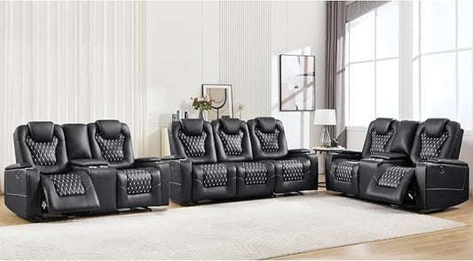 ANJ Power Recliner Sofa Set, Faux Leather Reclining Couch Sets for Living Room, Included 2PC Loveseat Sofa and 3 Seat Recliner Sofa, Black