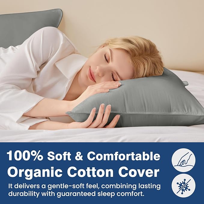 Goose Down Pillows Standard Size Set of 4, Hotel Quality Bed Pillow for Sleeping 4 Pack, 900 Fill Power Natural White Goose Feather Pillows with 700 TC 100% Organic Cotton Shell, 18"x26" Dark Grey
