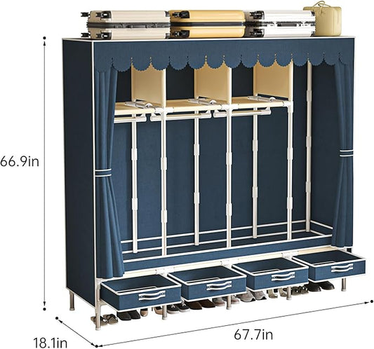 Portable Wardrobe with 4 Drawers and 3 Shelves, 67 Inch Large Capacity Freestanding Wardrobe Hanging Organizer with Lid for Bedroom, Blue