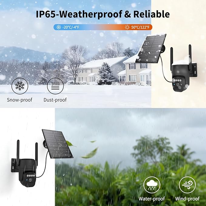 Solar Security Cameras Wireless Outdoor 2 Packs, Color Night Vision, SD/Cloud Storage, 2-Way Talk, 2.4GHz WiFi, IP65 Waterproof, 360° View