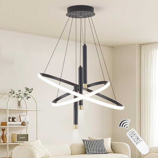 LED Black Modern Chandeliers for Dining Room Bedrooms Living Room, Dimmable 24in 5250lm Kitchen Pendant Lamp Dining Room Light Fixtures Ceiling Hanging Over Table, 2 Ring Round Chandeliers