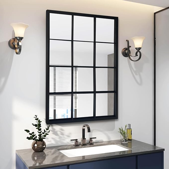 Balck Rectangle Mirror,Window Pane Grid Mirror,Minimalism Wall Mounted Mirror for Entryway,Hallway,Living Room,Fireplace 24"X36"