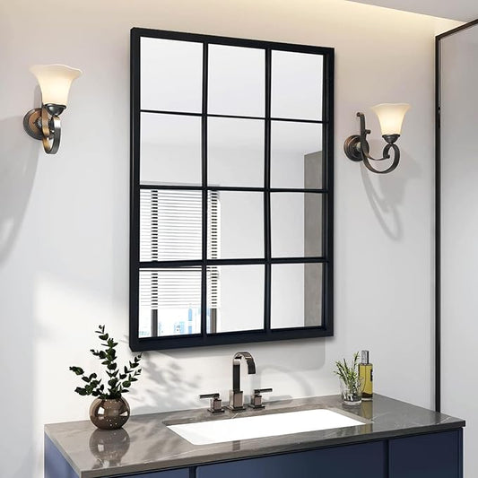Balck Rectangle Mirror,Window Pane Grid Mirror,Minimalism Wall Mounted Mirror for Entryway,Hallway,Living Room,Fireplace 24"X36"