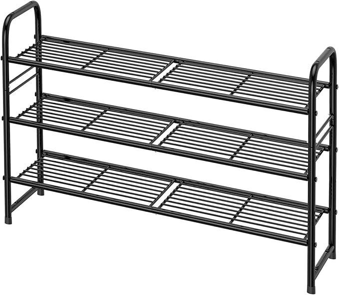 3 Tier Shoe Rack, 32.5" Wide Stackable Sturdy Metal Shoe Shelf Storage Organizer with Height-Adjustable for Entryway, Closet, Black