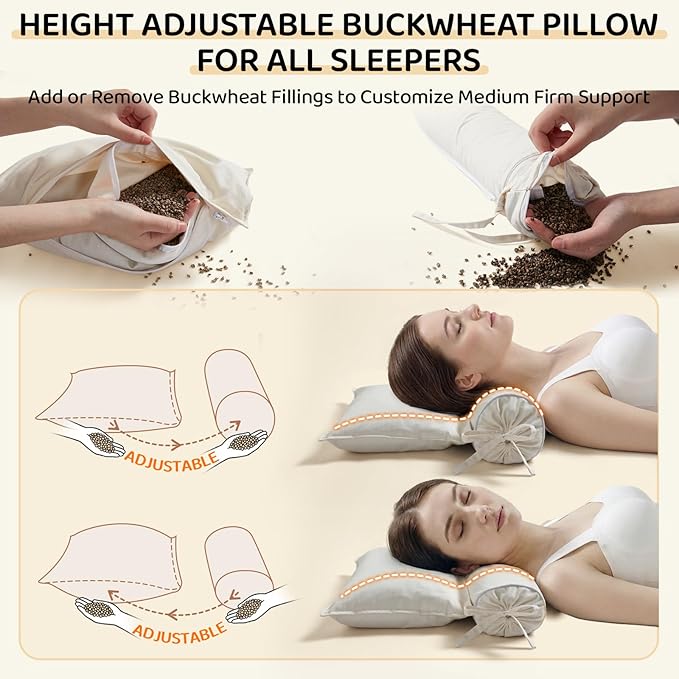 Buckwheat Pillow - 3 Point Support Buckwheat Hull Pillow for Less Pain, 2IN1 Tartary Buckwheat Neck Roll Pillow for Best Support, Adjustable Cervical Neck Pillow with Organic Cotton Pillowcase