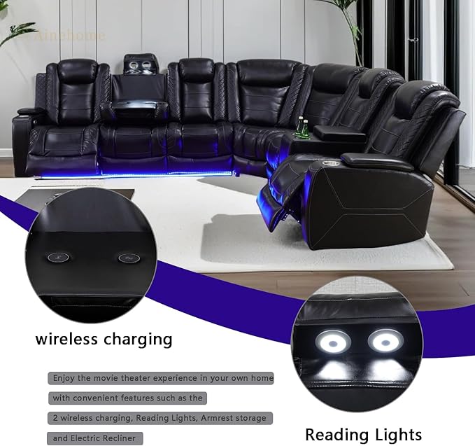 A Ainehome Power Reclining Sectional Couch, Power Leather Recliner Sectional Sofa Living Room Furniture Set with USB Port/Storage Console for Living Room/Office(B-Black)