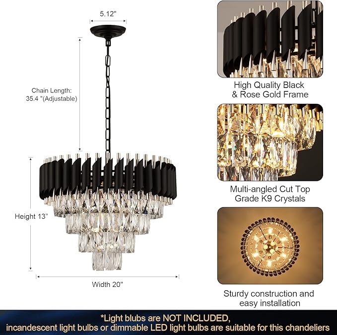 AXILIXI Modern Crystal Chandelier - 20" Crystal Ceiling Pendant Light 4 Tier Raindrop Flush Mount Chandelier in Black and Gold for Entryway, Foyer, Dining Room