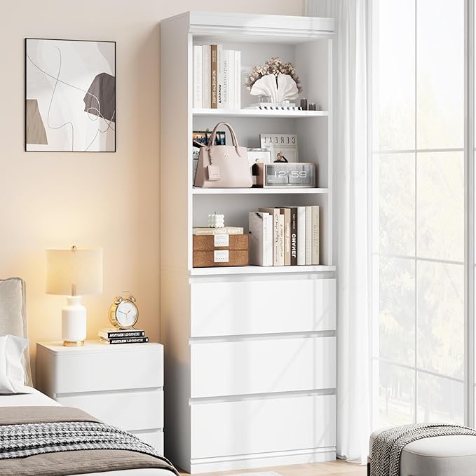 IDEALHOUSE 70" H Bookcase with 3 Storage Drawers,Tall Bookshelf w/ 3-Tier Open Shelf, Morden Storage Bookcase Wooden Deep Bookshelves Storage Cabinet Organizer for Library Office Living Room (White)