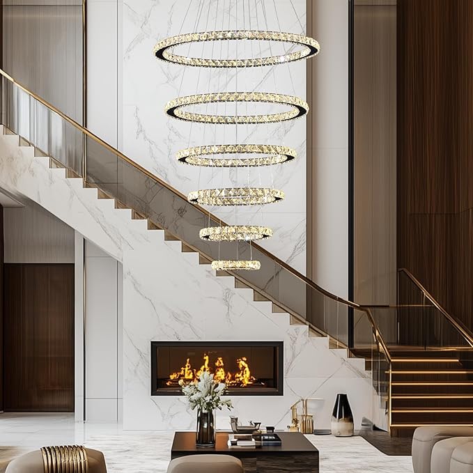 Modern Crystal Chandelier for High Ceiling Lights Fixtures Luxury 6 Ring Led Chandelier for Dining Room Big High Ceilings Foyer Chandeliers for Living Room Entryway Staircase, D8"-12"-16"-20"-24"-28"