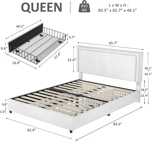 VECELO Queen Size Upholstered Platform Bed Frame with 4 Storage Drawers, Adjustable Velvet Rivets Headboard, Wooden Slats Support, No Box Spring Needed, Easy Assembly