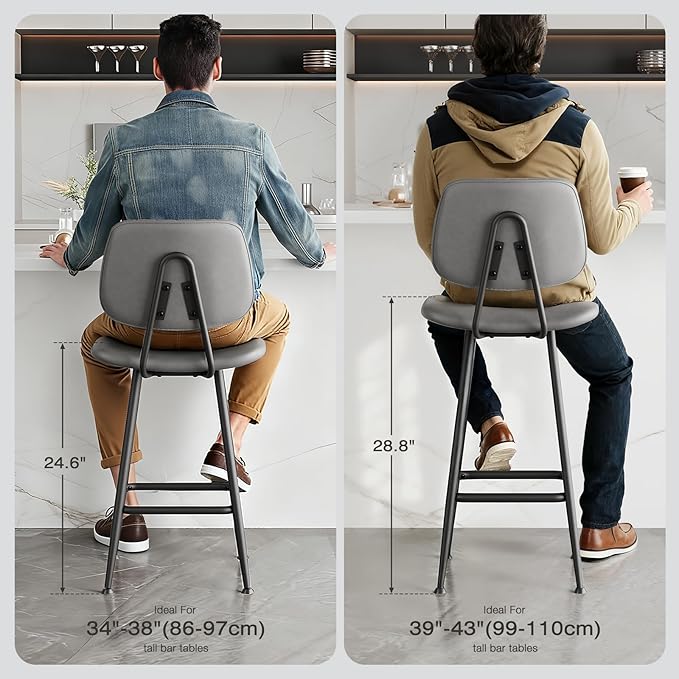 24-Inch Leather Bar Stools, Counter Height Barstools with High Backrest，Bar Chairs for Kitchen Island with Heavy Duty Metal Base, Gray