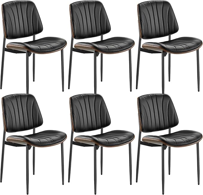 VEVOR Modern Dining Room Accent Chairs Set of 6, Upholstered Leather Side Chair for Dining Room, Space-Saving Kitchen Chair with Thick Cushions and Metal Legs, Black