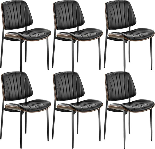 VEVOR Modern Dining Room Accent Chairs Set of 6, Upholstered Leather Side Chair for Dining Room, Space-Saving Kitchen Chair with Thick Cushions and Metal Legs, Black
