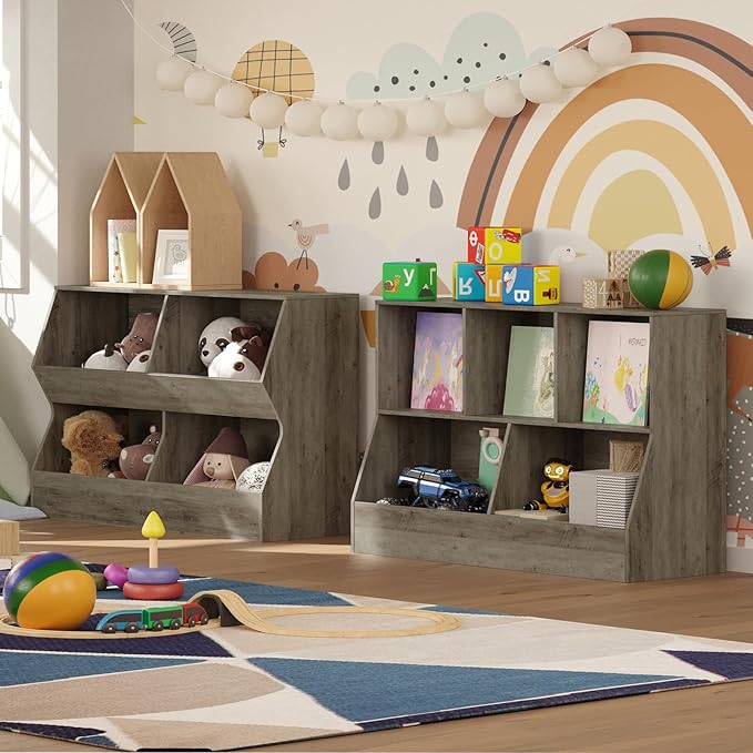 DINZI LVJ Toy Storage Organizer, Kids Bookshelf, Wood Toy Storage Cabinet, 5 Cubby Children Bookcase, 43.3" L Toddler Book Shelf for Playroom, Living Room, Nursery, Hallway, School, Gray Wash