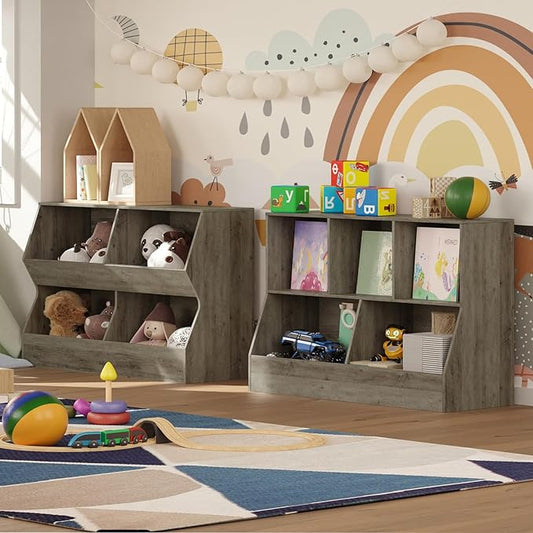 DINZI LVJ Toy Storage Organizer, Kids Bookshelf, Wood Toy Storage Cabinet, 5 Cubby Children Bookcase, 43.3" L Toddler Book Shelf for Playroom, Living Room, Nursery, Hallway, School, Gray Wash