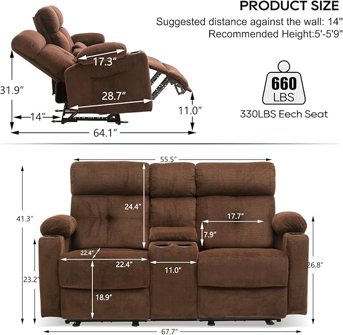 68'' RV Power Reclining Loveseat with Heat and Massage| RV Loveseat Recliner Sofa with Console| Double Reclining Couch with Cup Holder | Loveseat ReclinerTheater Seating(Fabric, Coffee)
