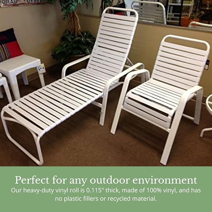 1.5" Wide x 20' Roll Vinyl Strap for Patio Chairs, Lawn Furniture, and Deck Chairs, Make Your Own Replacement Straps, Plus 20 Free Fasteners, (White)