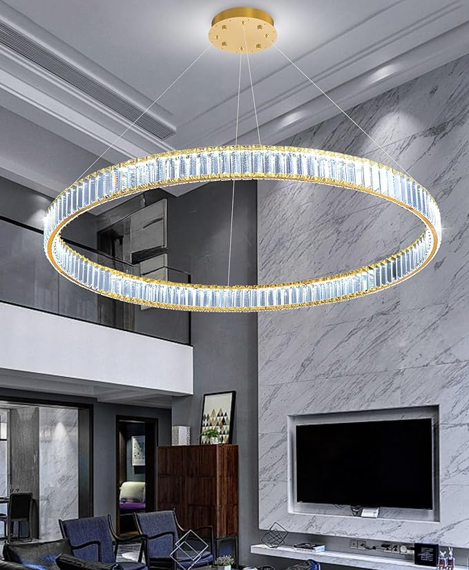 40'' Modern Ring Chandelier Crystal Chandeliers for Dining Room Round LED Dimmable Ceiling Light Fixture for Living Room Bedroom Lighting Gold