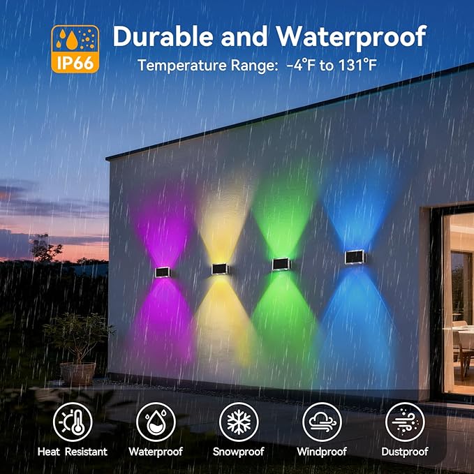 TECKNET Solar Fence Lights 12 Pack, 8 Modes RGB Color Changing, Up Down Lights & 200°Wide Lighting, IP66 Waterproof Dual-Lens LED Decorative Lights for Wall/Garden/Fence/Patio/Backyard