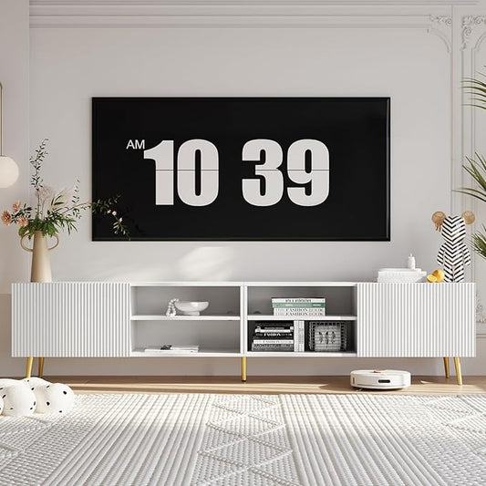 Modern 86in TV Stand for Living Room, Fluted Design Entertainment Center with Adjustable Shelves,Media TV Console Table with Storage for Bedroom,White