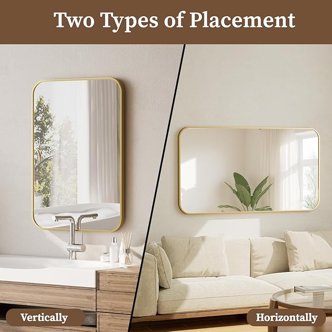 BEAUTYPEAK 30" x 40" Gold Metal Frame Rectangle Vanity Mirror with Rounded Corners, Wall Mounted Bathroom Mirror for Farmhouse, Restroom, Entryway, Horizontal or Vertical Hanging