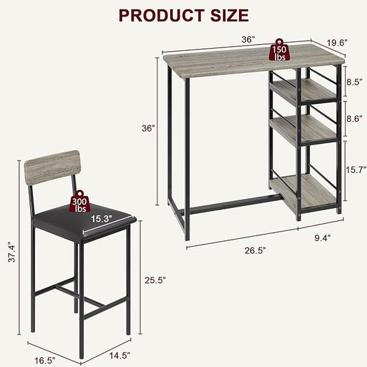 GAOMON 3-Piece Bar Table Set with 2 Upholstered Stools, Space-Saving Counter Height Dining Set with 3-Tier Storage Shelves,Sturdy Steel Frame, Easy Assembly for Small Kitchens, Retro Grey