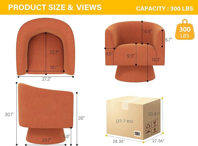 Swivel Accent Chair, Modern 360° Barrel Chair, Corduroy Upholstered Single Sofa for Living Room, Bedroom(Orange)
