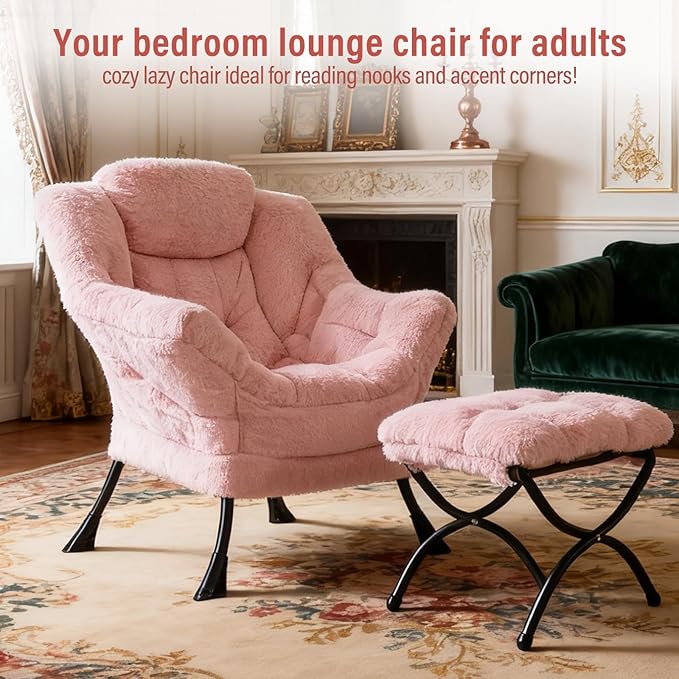Lazy Chair with Ottoman, Modern Chair with Folding Footrest, Plush Pink Accent Chair, Comfortable Reading Chair, Oversized Armchairs for Bedroom, Study, Living Room, Courtyard