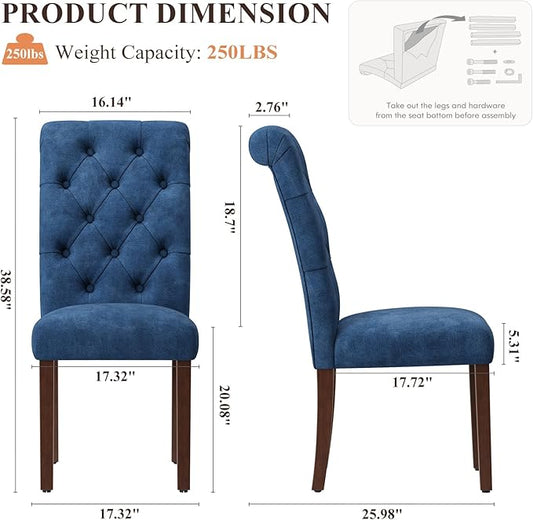 Upholstered Tufted Dining Room Chairs Set of 2, Parsons Kitchen Chairs with Padded Seat and Solid Wood Legs, Fabric Accent Side Diner Chair for Dining Room/Kitchen/Living Room, Blue