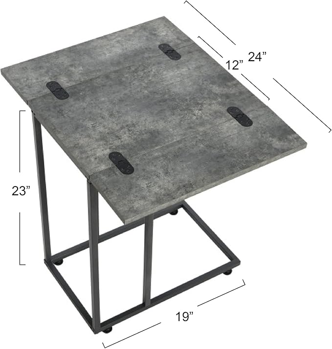 Household Essentials Jamestown Extendable C-Shaped for Accessiblity Side End Table Rustic Slate Concrete and Black Metal