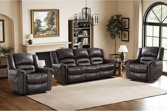 EBELLO Manual Recliner Sofa Set, Faux Leather Reclining Living Room Set, Included Two Single Recliner Chairs and One 3-seat Manual Sofa, Vintage Rivet Mid-Century Design for Living Room, Dark Brown